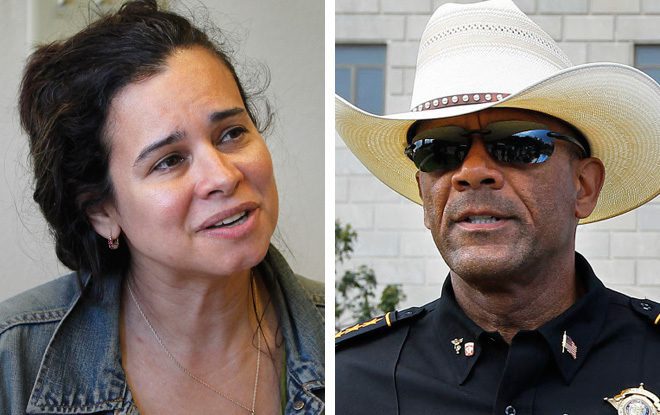 Christine Neumann-Ortiz (left), director of Voces de la Frontera, said her group filed an open records lawsuit against Sheriff David A. Clarke Jr. (right) for copies of forms submitted by federal authorities asking local jails to hold some prisoners otherwise set for release an extra 48 hours over possible immigration violations.